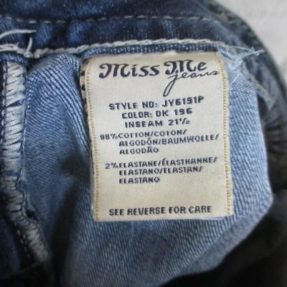 MISS ME Women's Denim Crystals Rhinestone Low Rise Cuffed Capri Blue Jeans 32 - Picture 9 of 9